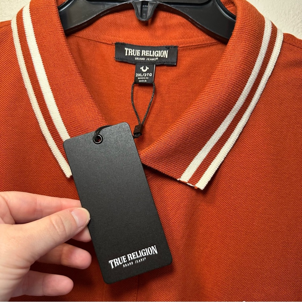 True Religion Men’s Orange Buddha Face Logo Polo Sz 2XL NWT - Picture 2 of 6